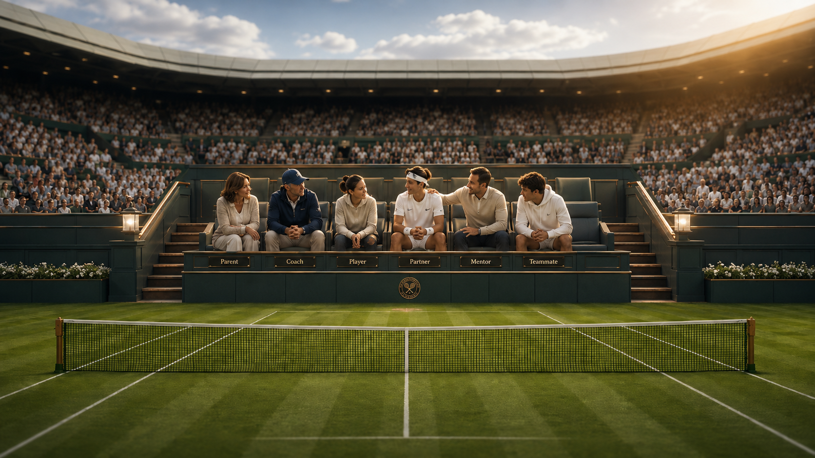 Player's Box support team seated courtside: Parent, Coach, Player, Partner, Mentor, Teammate